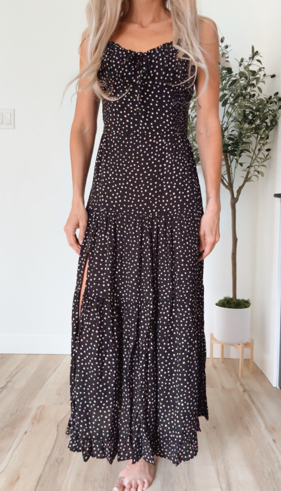 Polka Dot Side Slit Maxi Dress