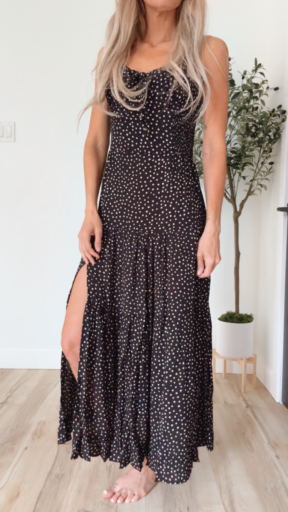 Polka Dot Side Slit Maxi Dress
