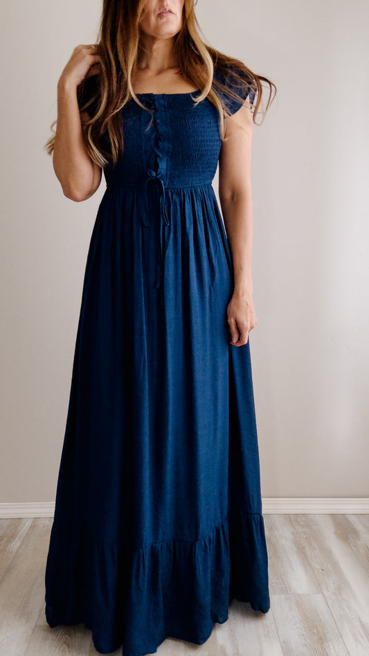 Navy Smocked Lace Up Woven Maxi Dress