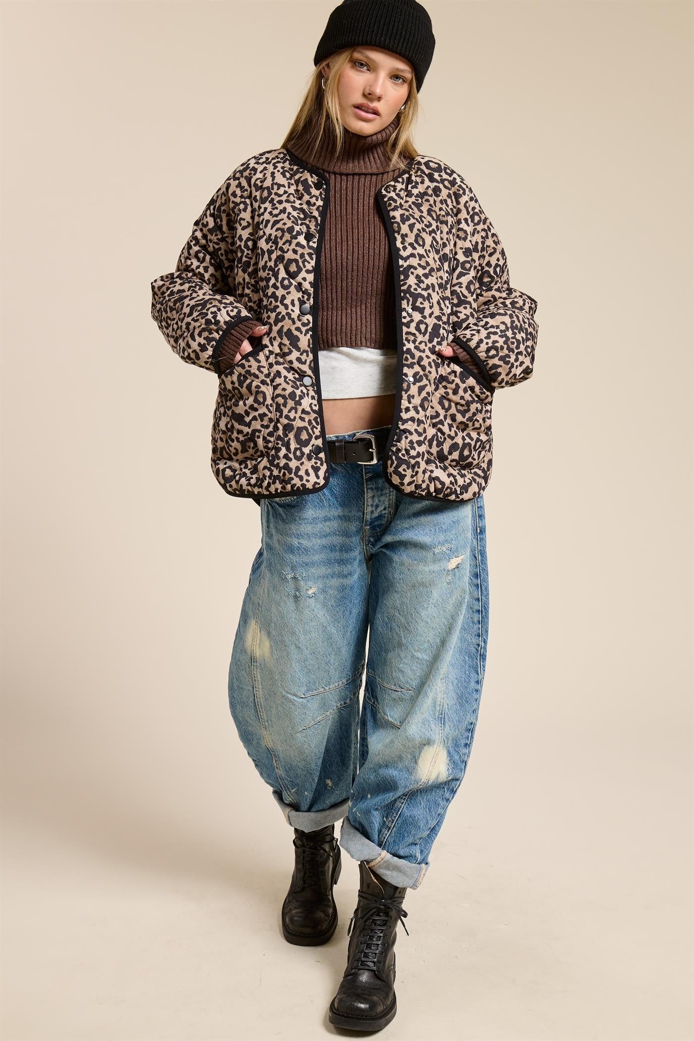 Leopard Print Quilted Snap Jacket
