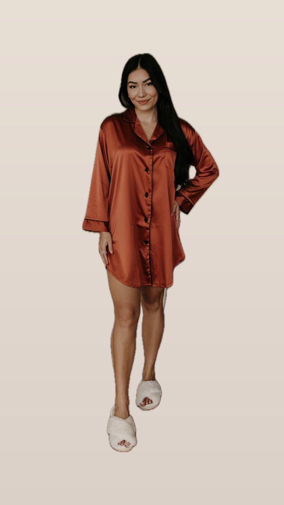 *< Stevie  Burnt Orange Satin Sleep Shirt