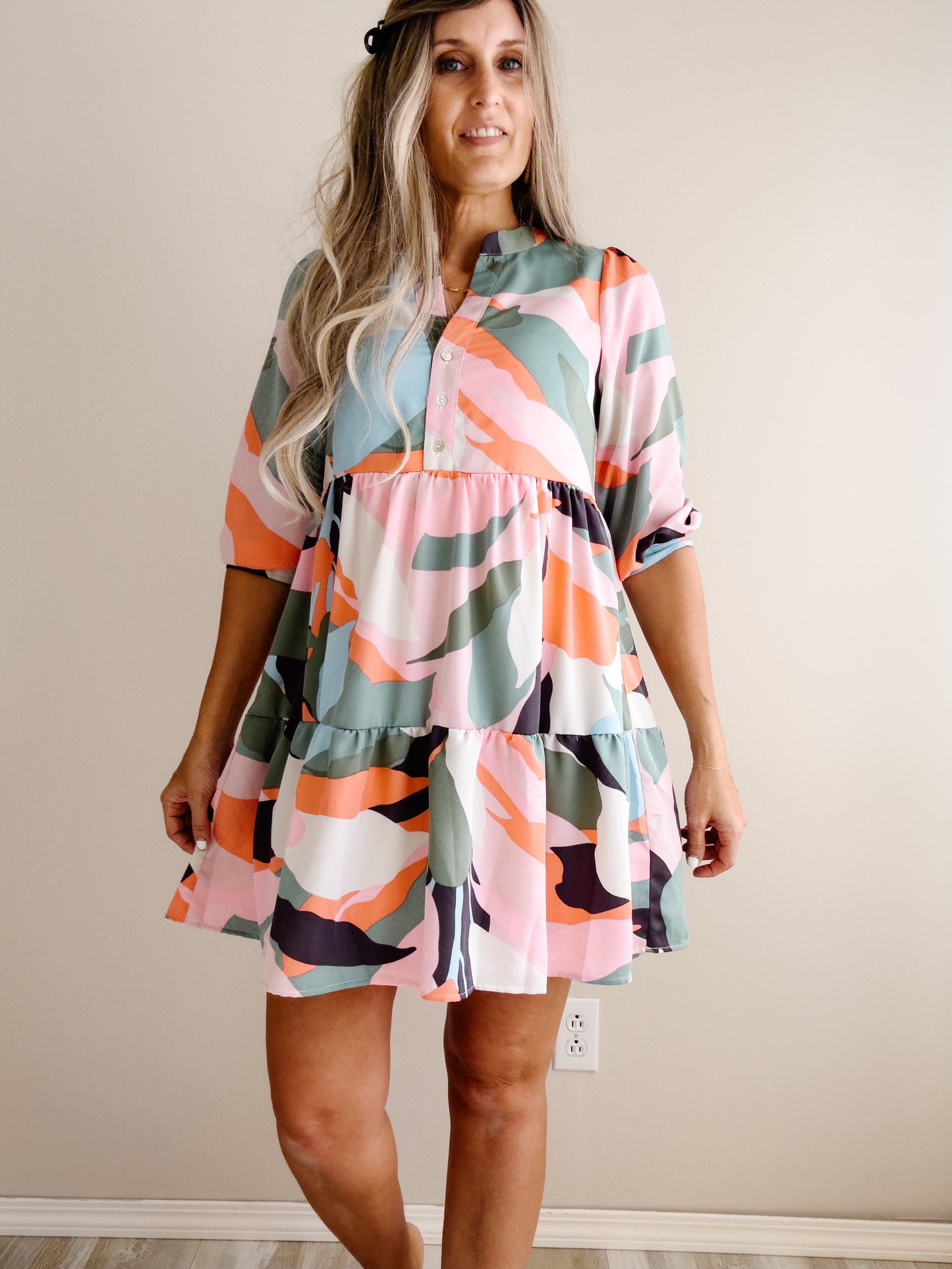 3/4 SLEEVE BUTTON DOWN ABSTRACT PRINT DRESS