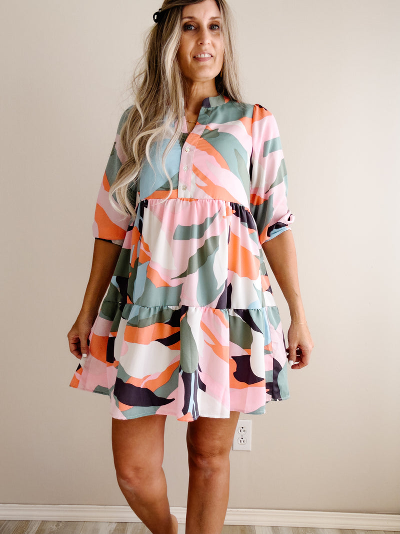 3/4 SLEEVE BUTTON DOWN ABSTRACT PRINT DRESS