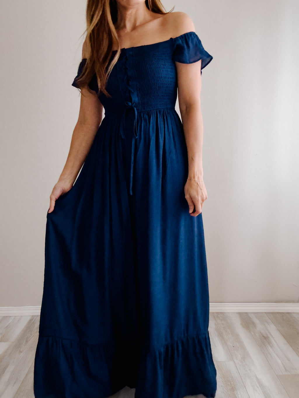 Navy Smocked Lace Up Woven Maxi Dress