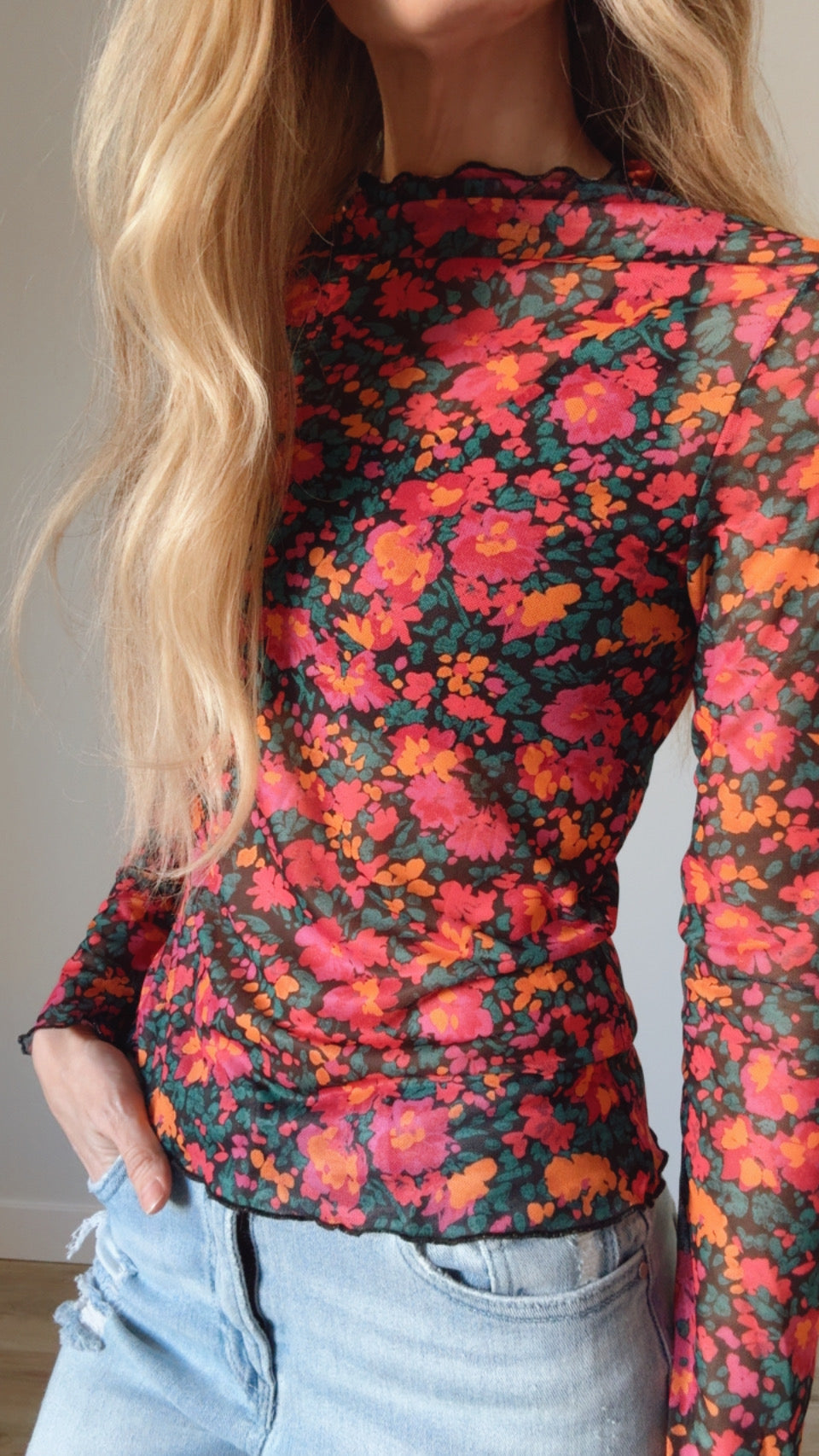 Slim Fit Floral Mesh Long Sleeve Mock Neck Top