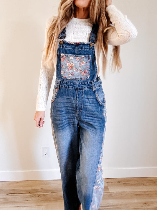 Floral Patchwork Bib Denim Wide Leg Overalls