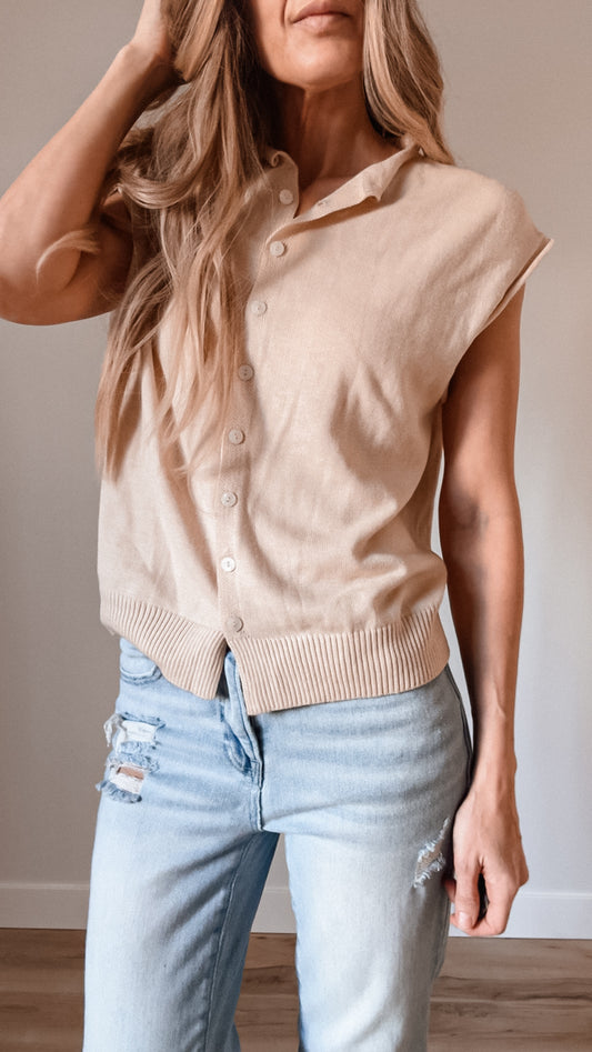 Buttoned Front Rolled Hem Cap Sleeve Sweater Top