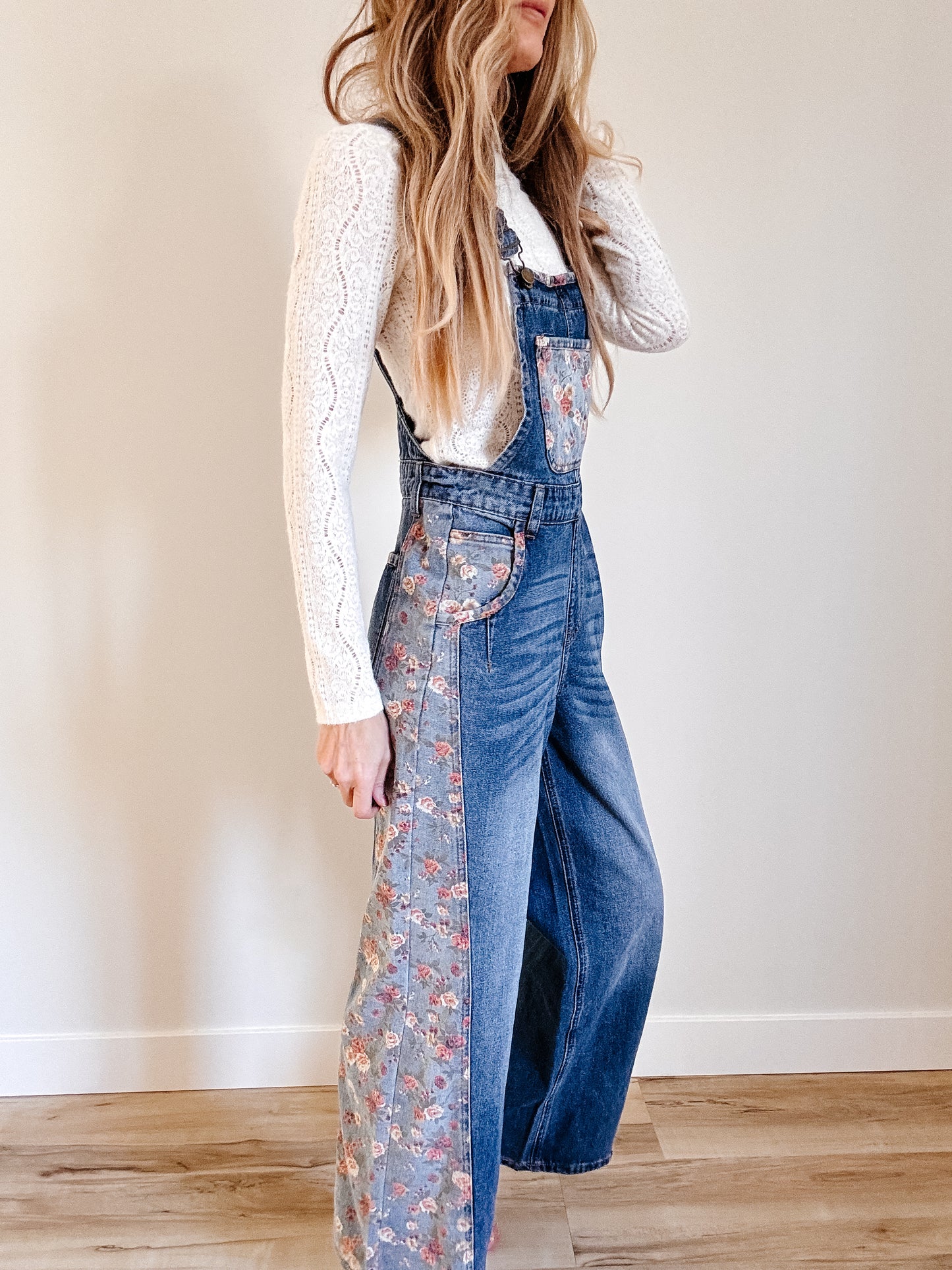 Floral Patchwork Bib Denim Wide Leg Overalls