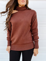 ^< Chocolate Cutout Turtleneck Sweater