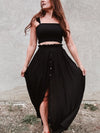 Black Smocked Top And Flowy Maxi Skirt Set