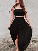 Black Smocked Top And Flowy Maxi Skirt Set