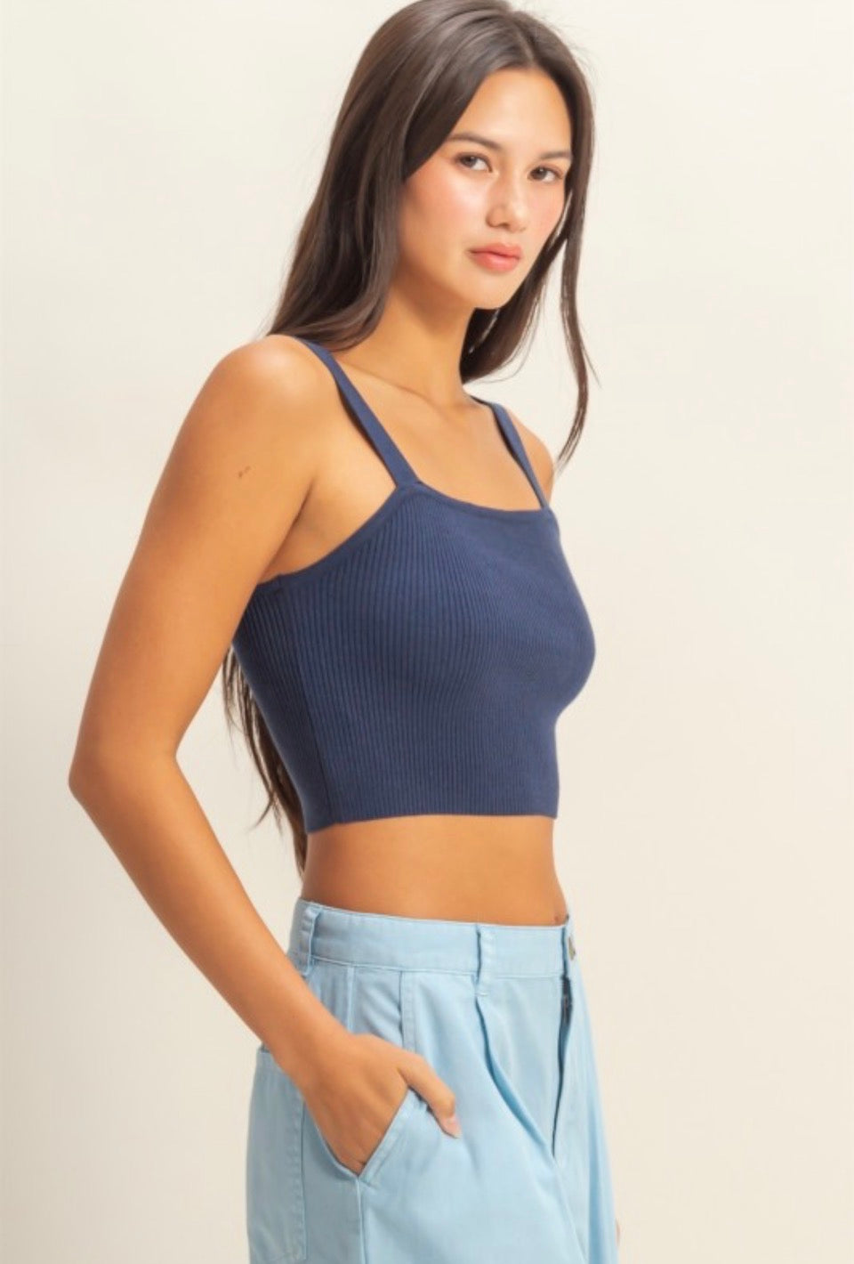 Navy Ribbed Cropped Tank Top