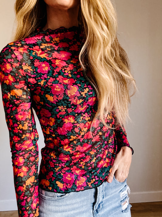 Slim Fit Floral Mesh Long Sleeve Mock Neck Top