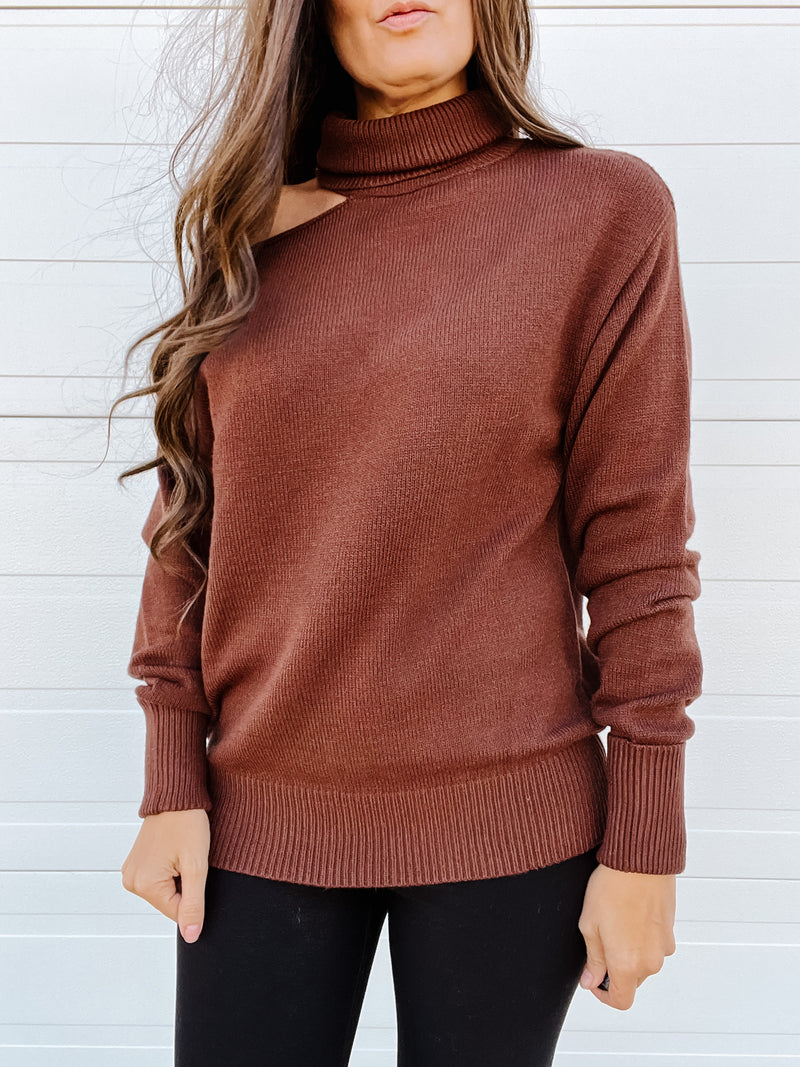 Chocolate Cutout Turtleneck Sweater
