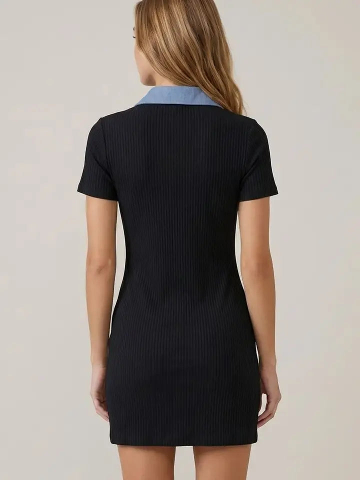 Denim Contrast Heavy Rib Fitted Mini Dress