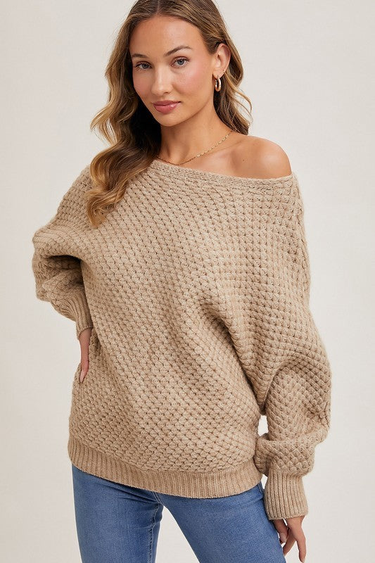 BOATNECK WAFFLE KNIT PULLOVER