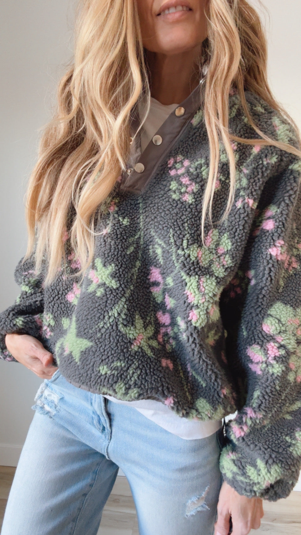 Floral Sherpa Snap Button Pullover