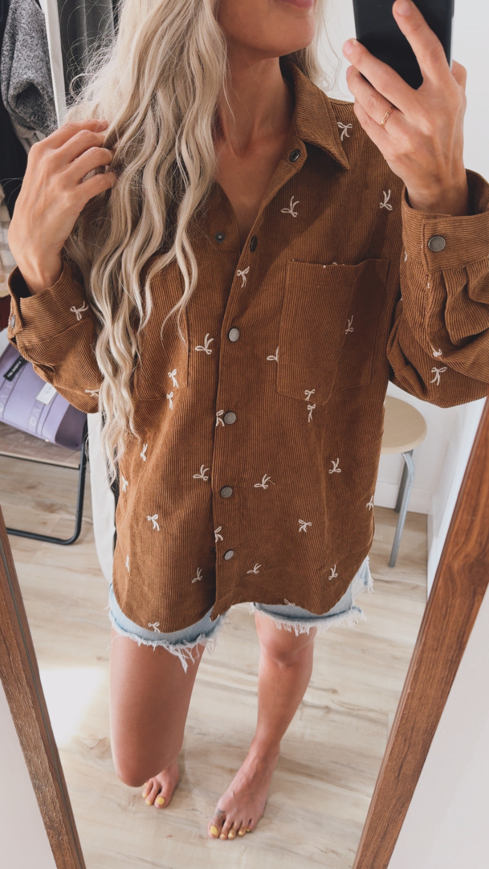 Bow Embroidery Corduroy Button Down Shirt