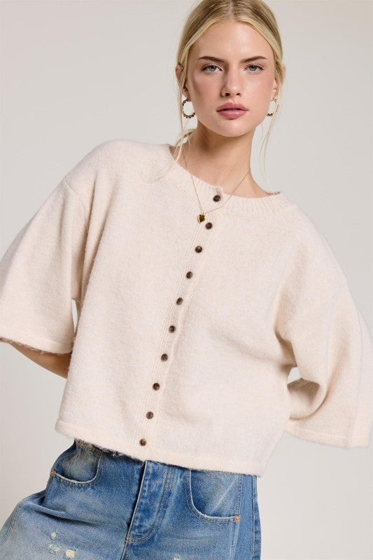 Wide Sleeve Button Front Knit Cardigan