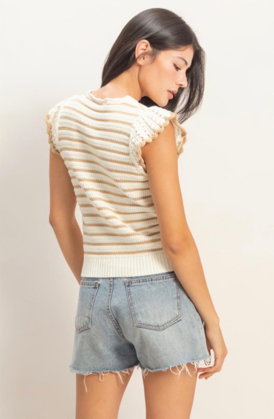 Scalloped Striped Ruffle Sleeve Top
