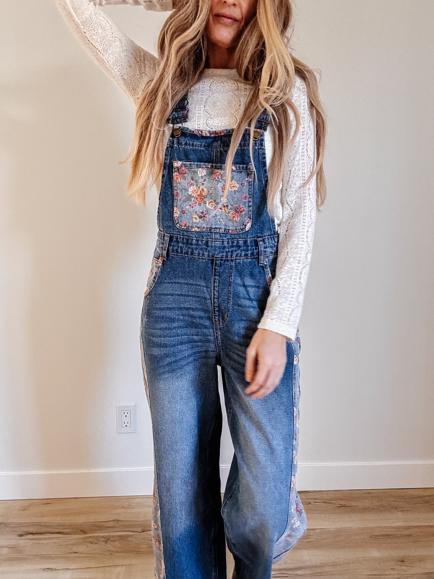 Floral Patchwork Bib Denim Wide Leg Overalls