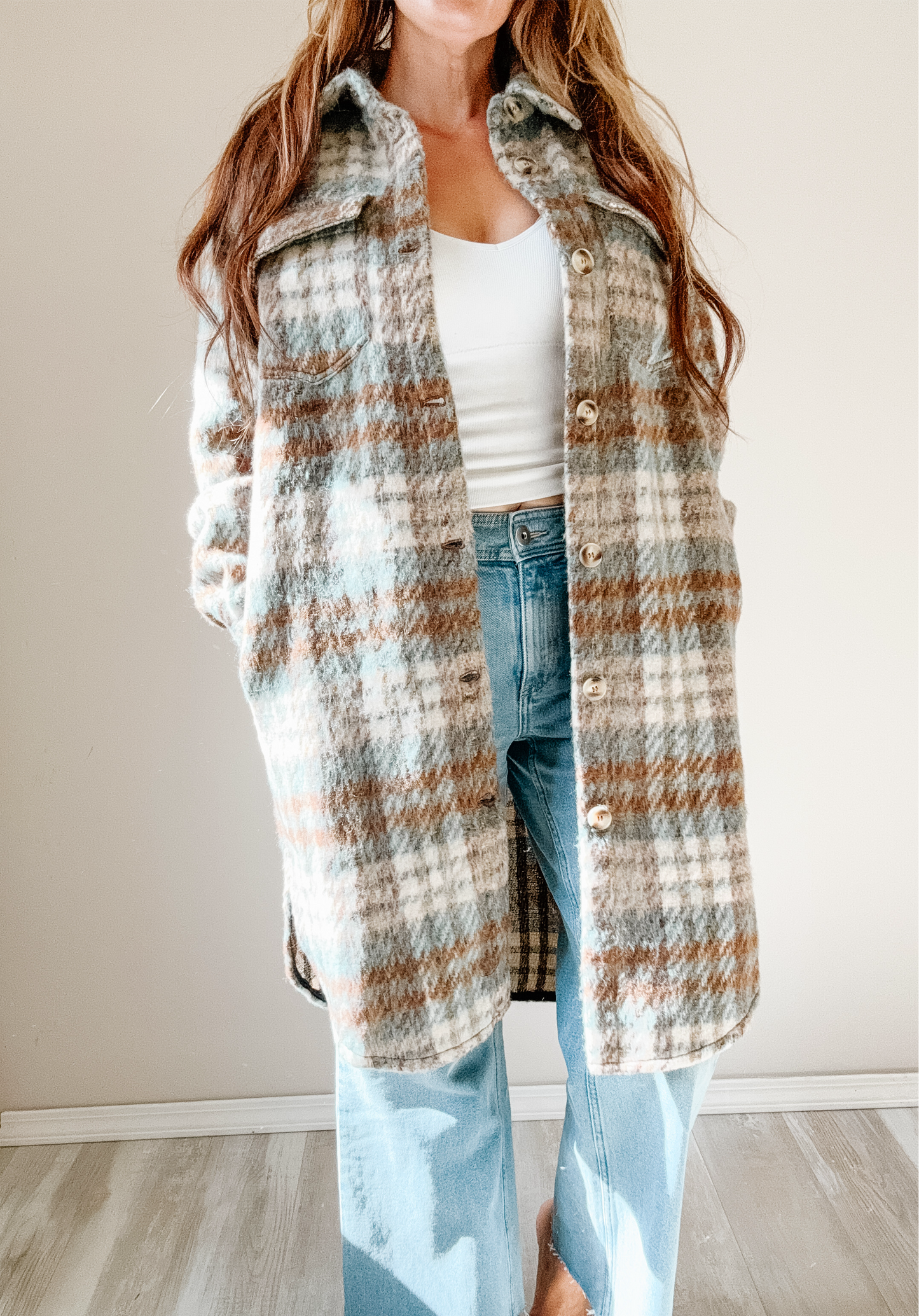 Button Down Long Plaid Coat