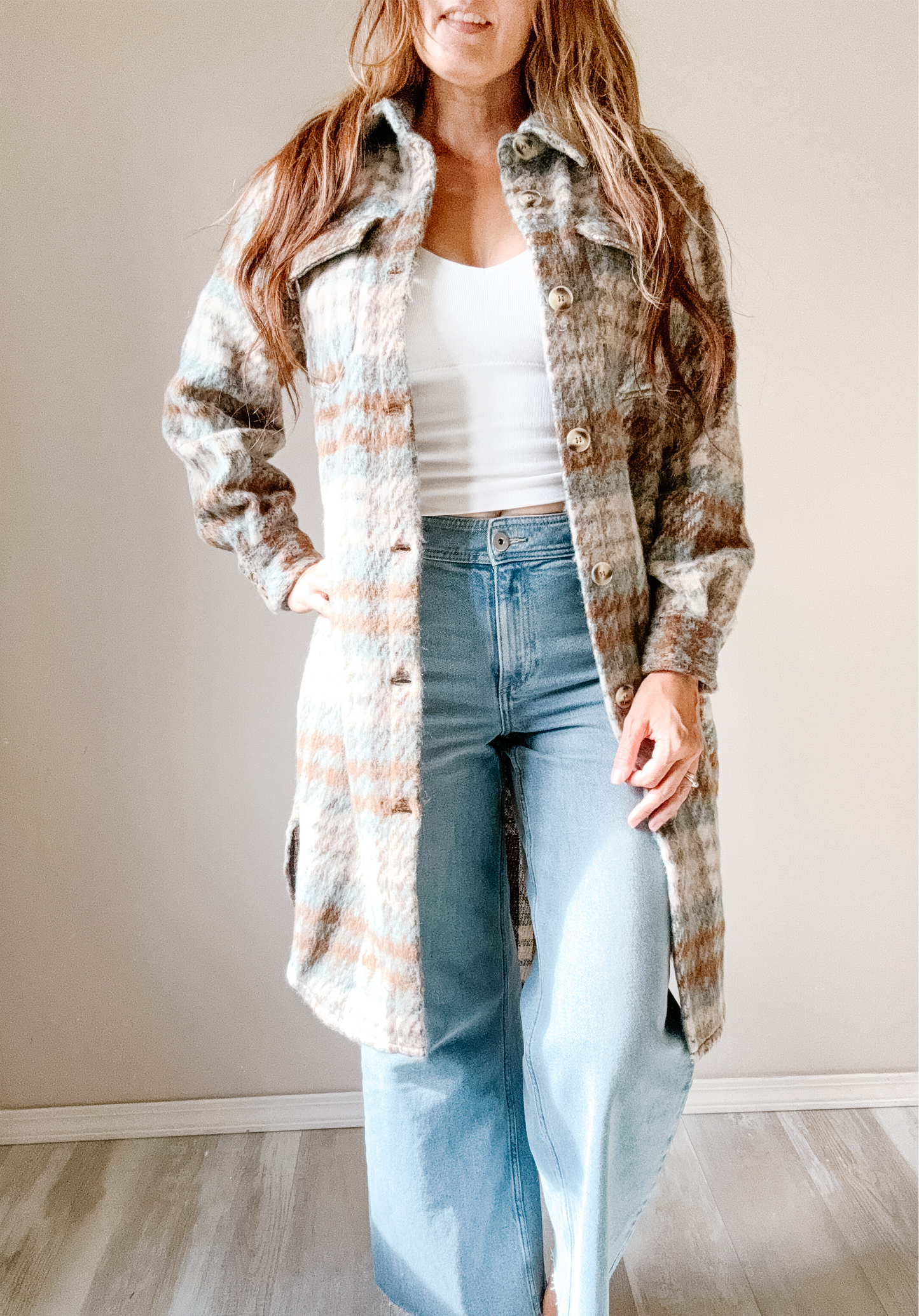 Button Down Long Plaid Coat