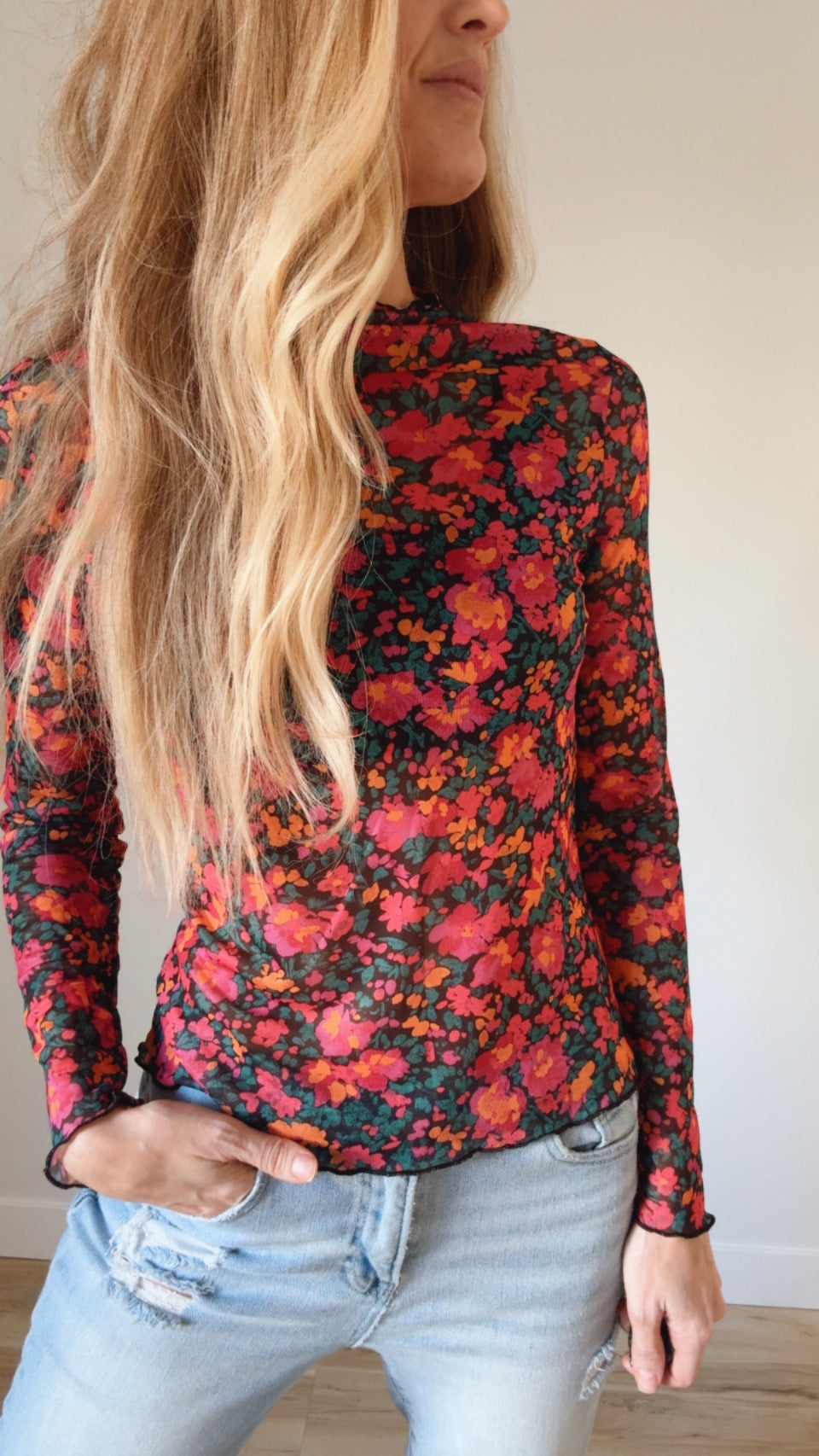 Slim Fit Floral Mesh Long Sleeve Mock Neck Top