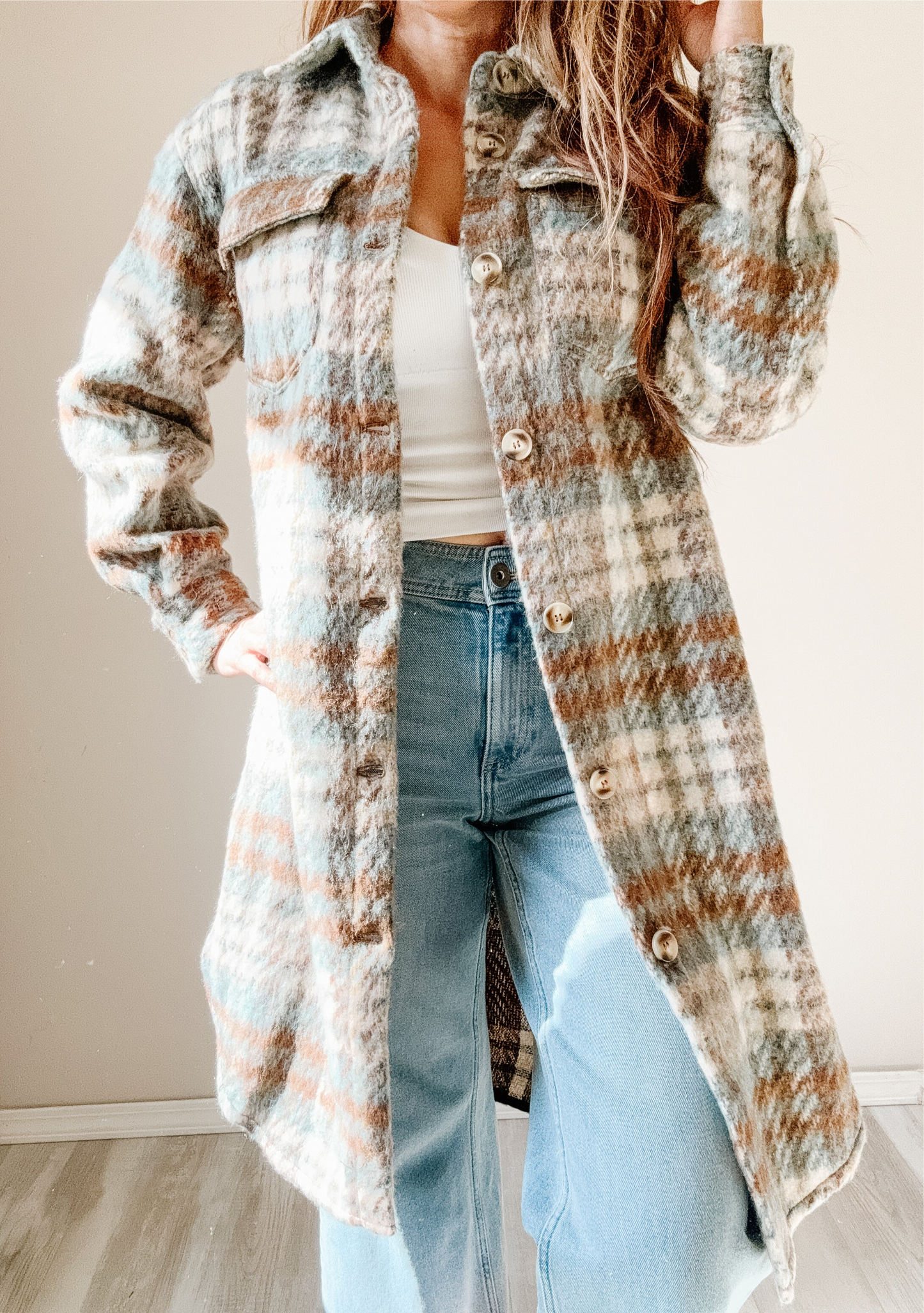 Button Down Long Plaid Coat