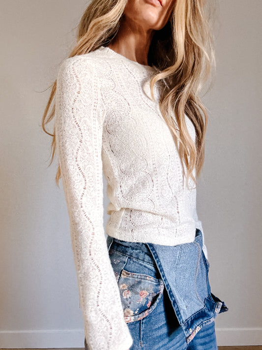 Semi Sheer Lace Long Sleeve Cropped Top