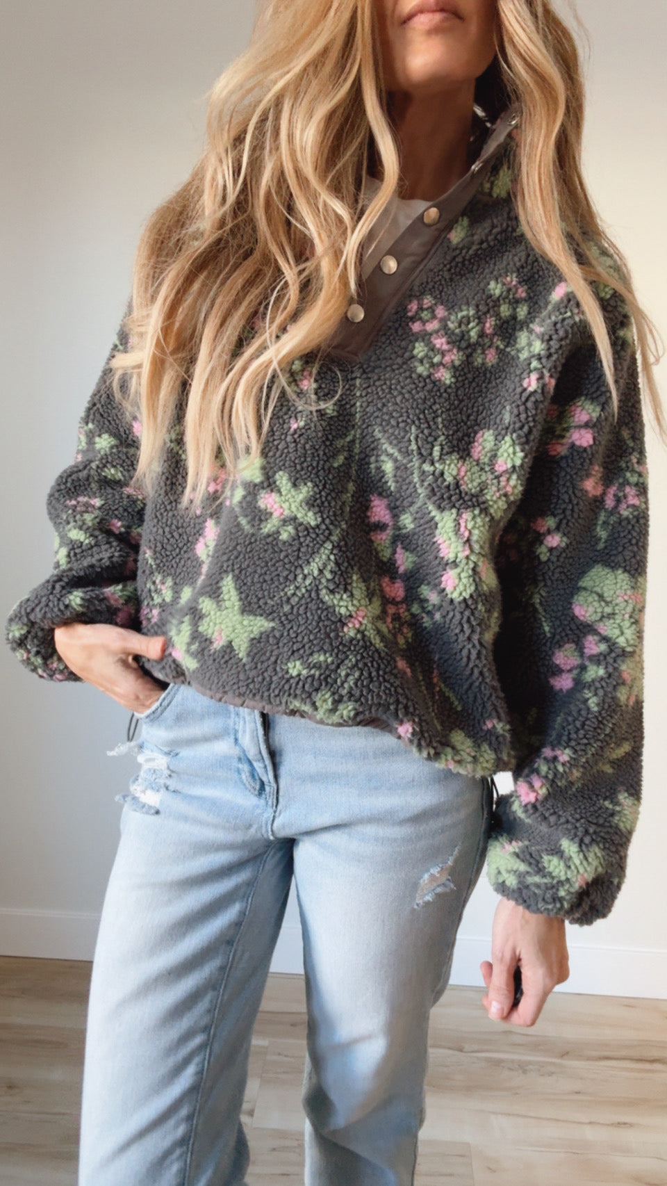 Floral Sherpa Snap Button Pullover