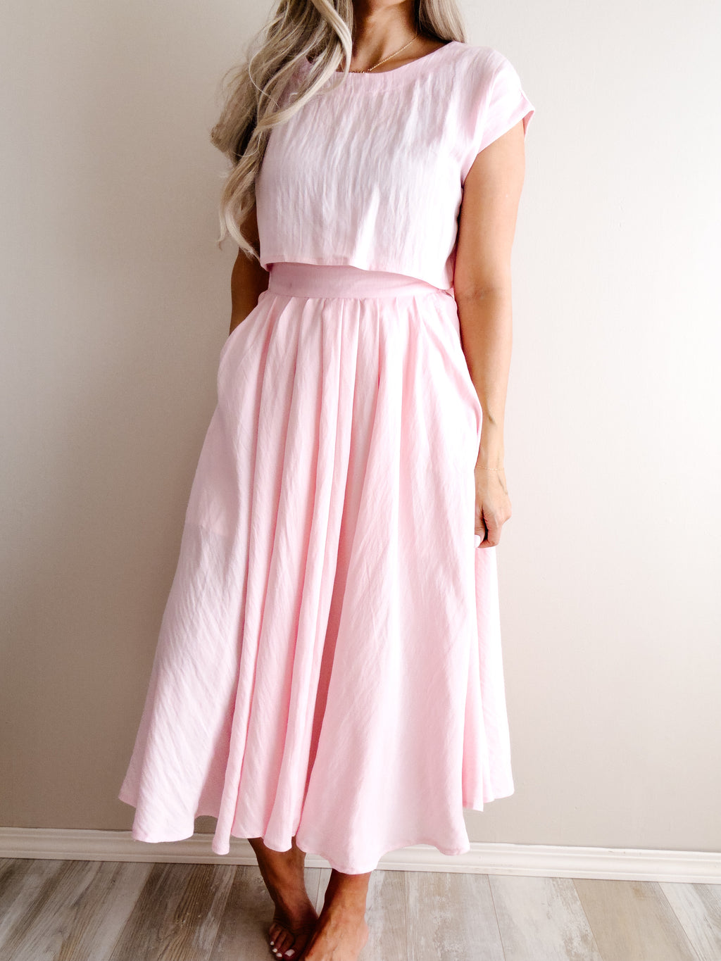 • Pink Crop Top and Midi Skirt Set