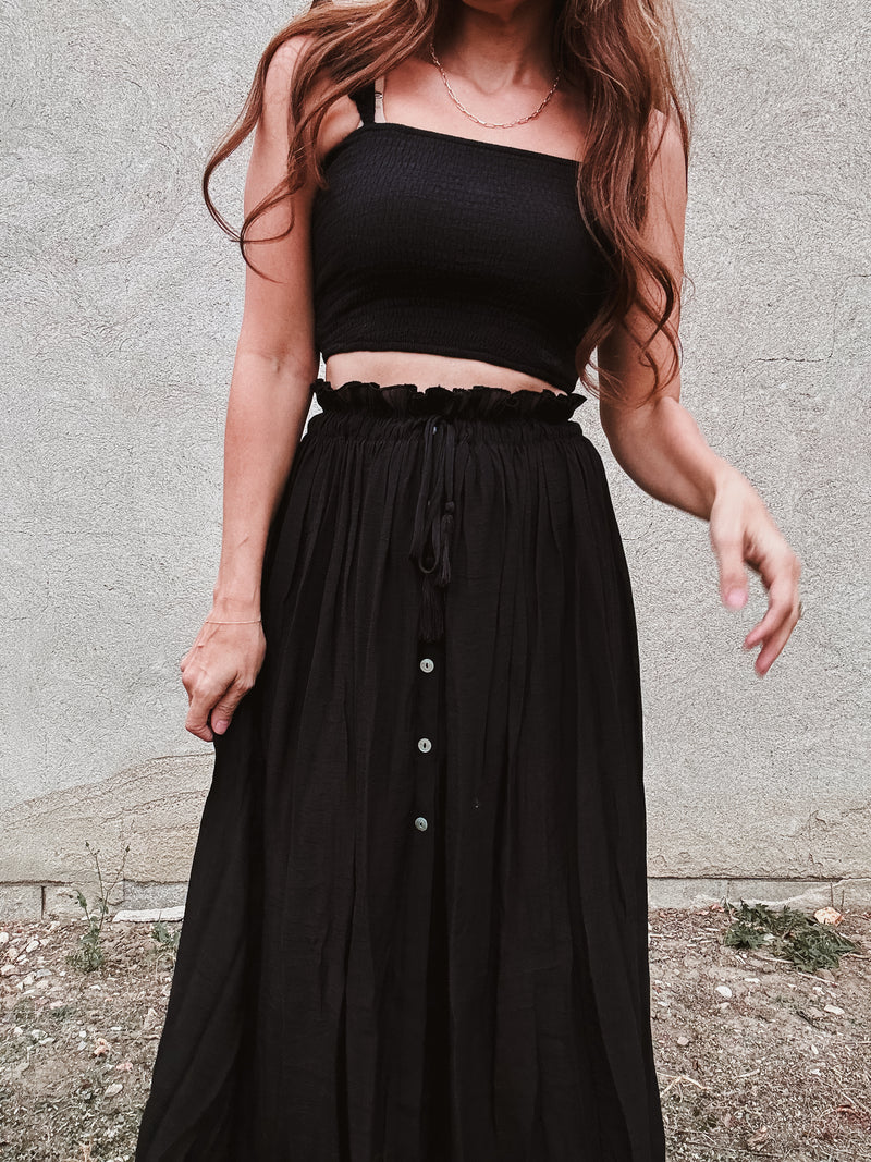 Black Smocked Top And Flowy Maxi Skirt Set