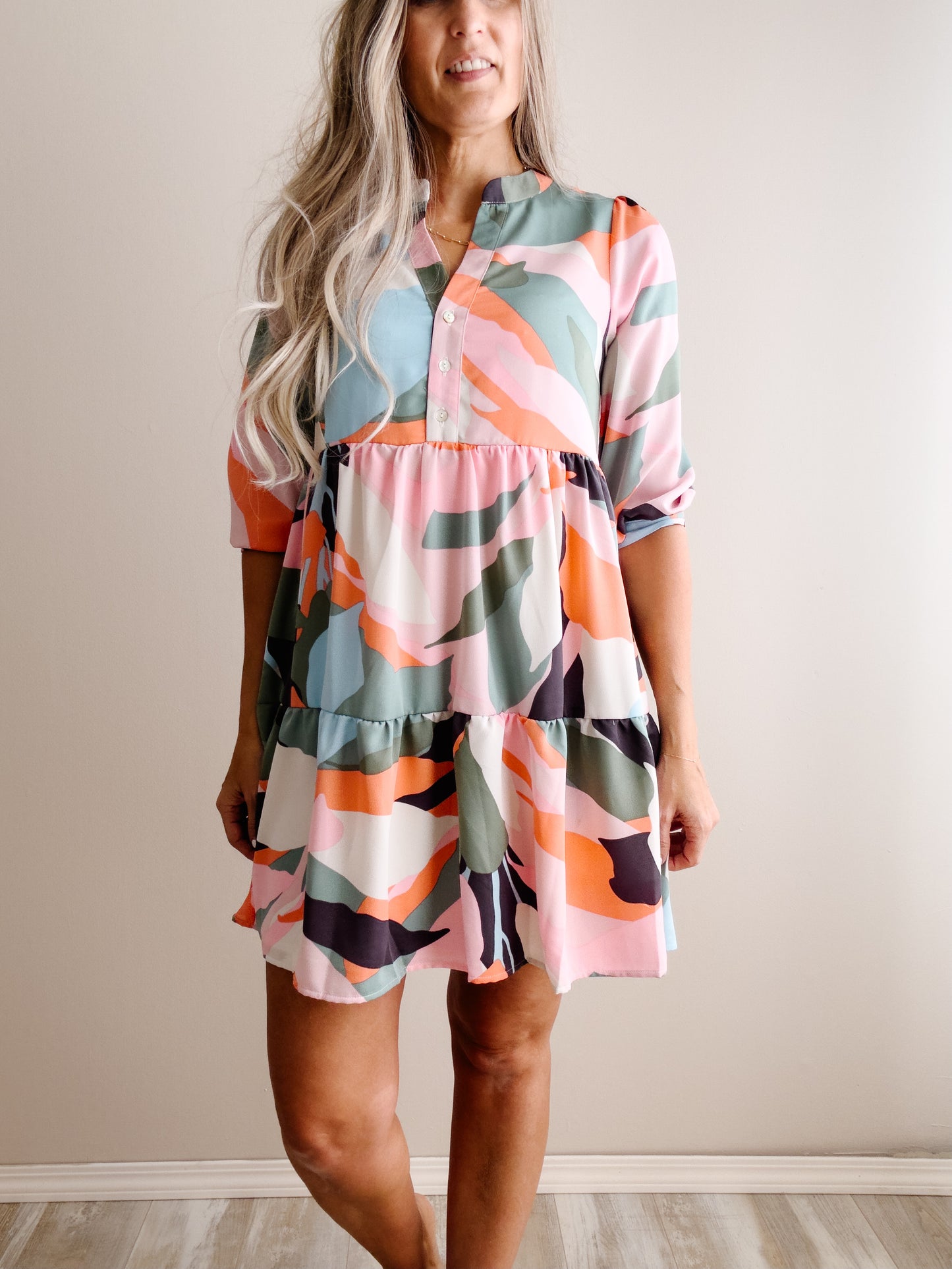 3/4 SLEEVE BUTTON DOWN ABSTRACT PRINT DRESS