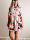 3/4 SLEEVE BUTTON DOWN ABSTRACT PRINT DRESS