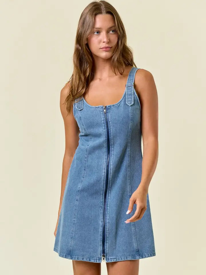 Double Scoop Neck Front Zip-Up Denim Mini Dress