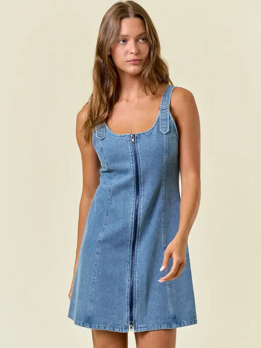 Double Scoop Neck Front Zip-Up Denim Mini Dress