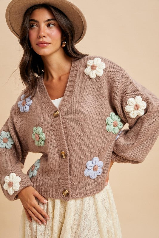 3d Knitted Floral Applique Cardigan