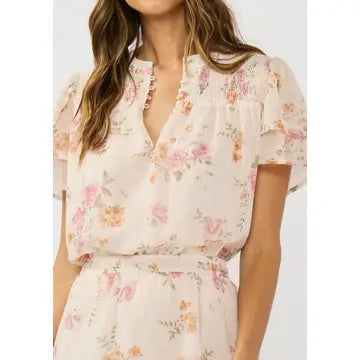 Floral Smocked Yoke Flutter Sleeve Mini Dress