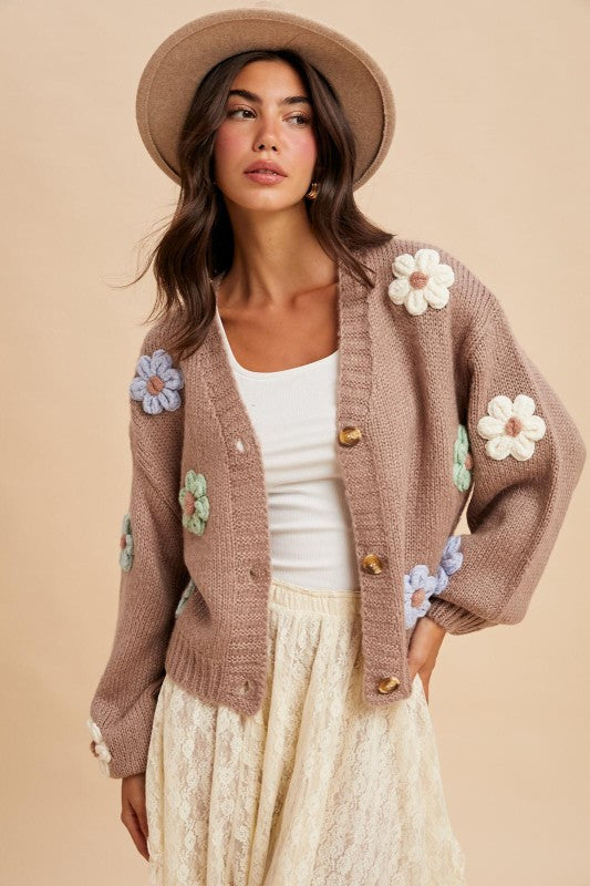 3d Knitted Floral Applique Cardigan