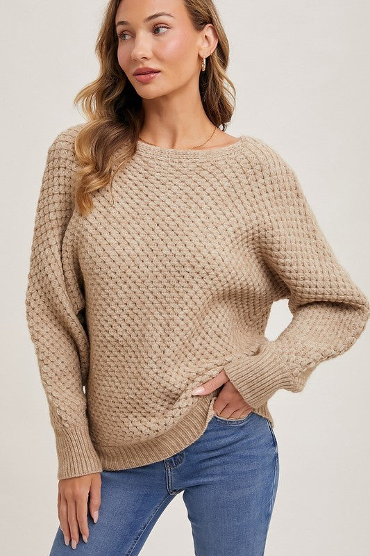 BOATNECK WAFFLE KNIT PULLOVER