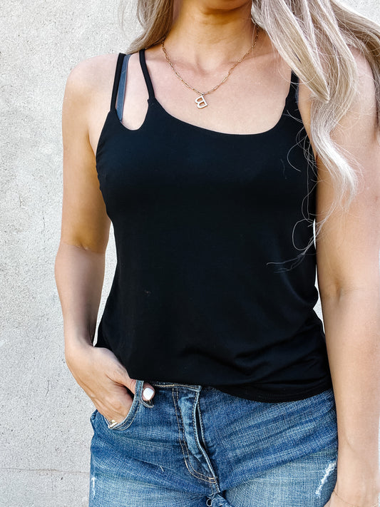 ^< Black Asymmetrical Spaghetti Strap Tank Top